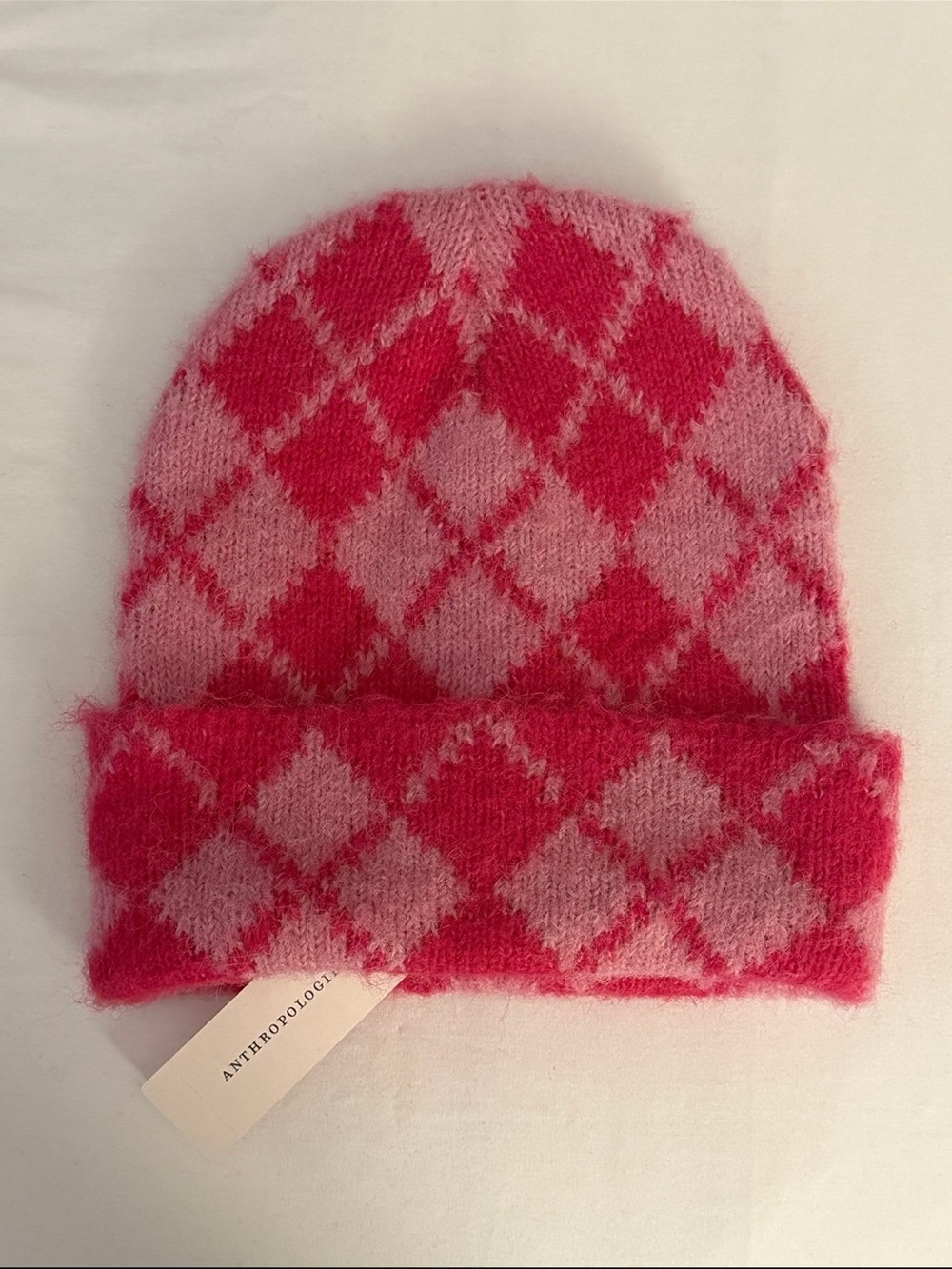 Anthropologie Two-Tone Pink Argyle Fuzzy Knit Beanie